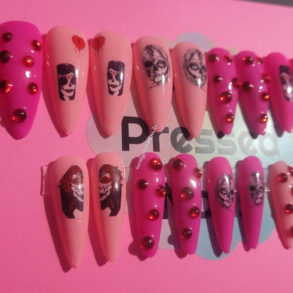 Stiletto Scary Lady Love Hearts Red Rhinestones Press on Nails Set Halloween - Picture 2 of 3